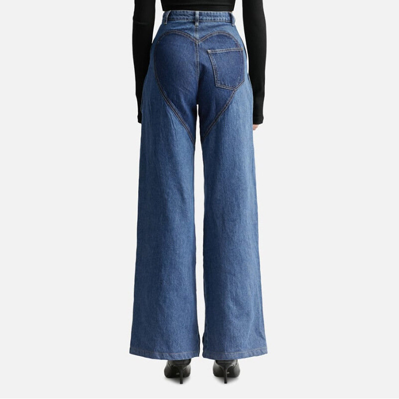 Mulheres Hollow Out Denim Jeans, Calças Designer de Patchwork, Cintura Alta, Calças Retas de Perna Larga, Vestido de Baile em Estoque, Novo, Outono, 2024