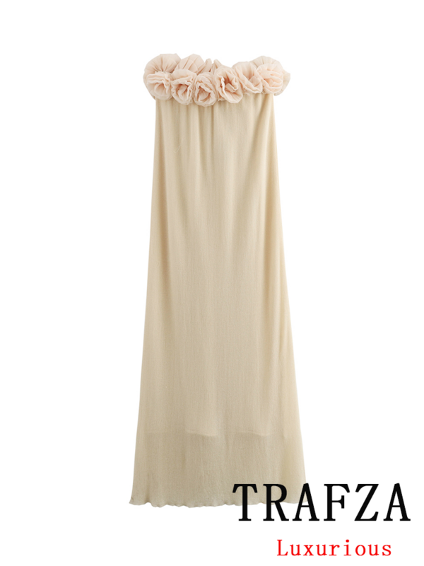 TRAFZA Vintage Sexy Chic Women Dress Solid Strapless Backless Folds Flower Long Straight Dress Fashion 2024 Summer Female Dress