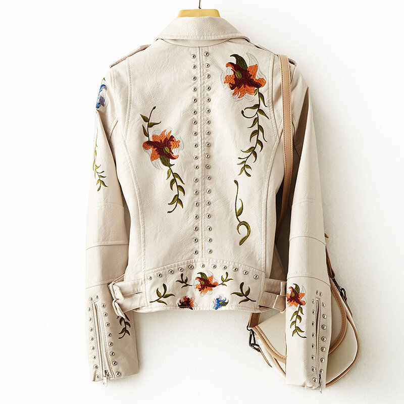 女性のためのレトロな花柄の刺繍が施された柔らかい合成皮革のジャケット,ジッパー付きのフェミニンなショートコート,パンクとアウター,2023