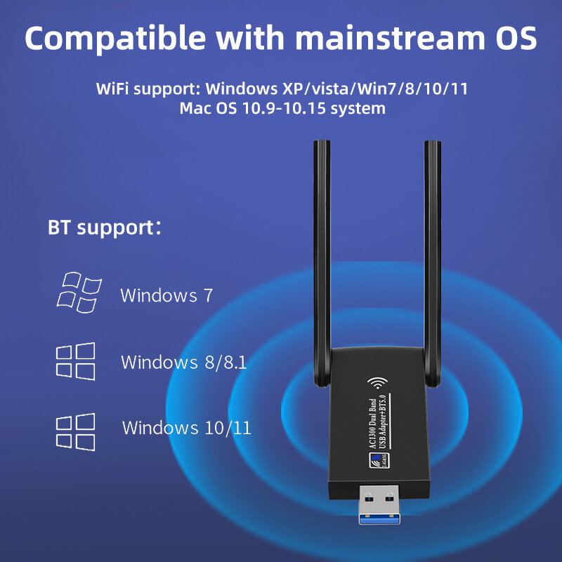 Adaptador WiFi USB 3.0 para Laptop, Dual Band 2.4GHz, 5GHz, 1300Mbps, Bluetooth 5.0, Receptor Sem Fio para PC, Desktop, Placa de Rede