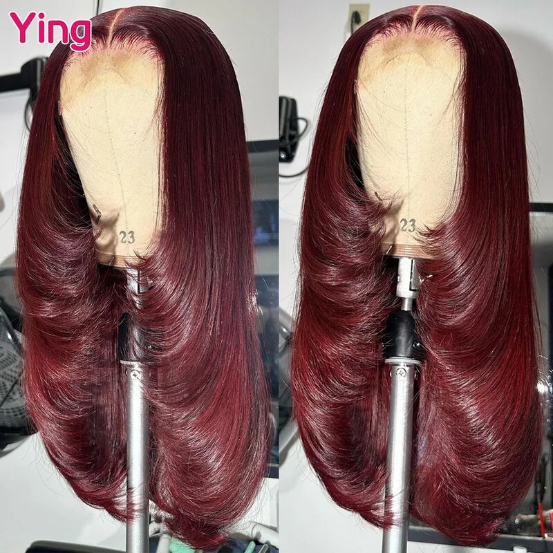Ying Hair-Peluca de cabello humano liso de 13x6, postizo de encaje frontal, color borgoña oscuro, predesplumado, transparente, 5x5