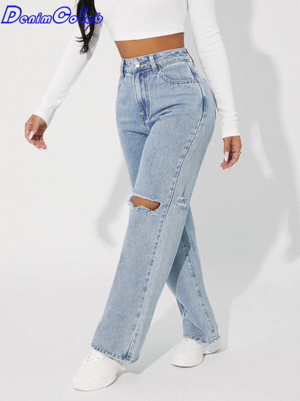 Denimcolab High Waist Straight Pant Fashion Hole In Knee Jeans Woman Loose Boyfriend Jeans Lady Streetwear Cut Out Denim Trouser