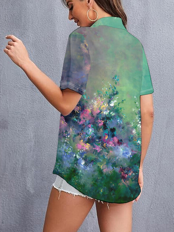 Camicia da donna estiva a maniche corte con risvolto colorato acquerello graffiti 3D camicia con stampa digitale moda allentata top da donna casual