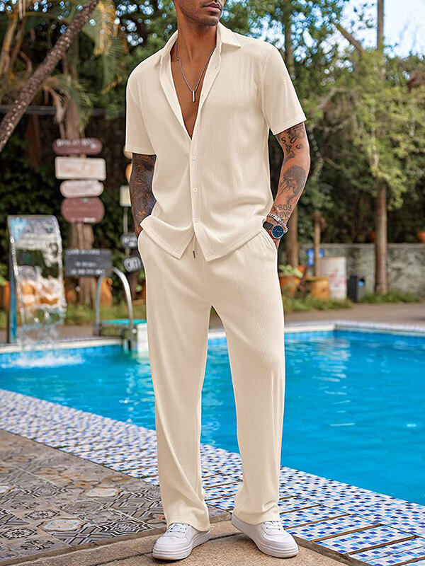 Костюм мужской однотонный текстурный, Повседневная рубашка и брюки на пуговицах с коротким рукавом, винтажный свободный комплект, уличная одежда