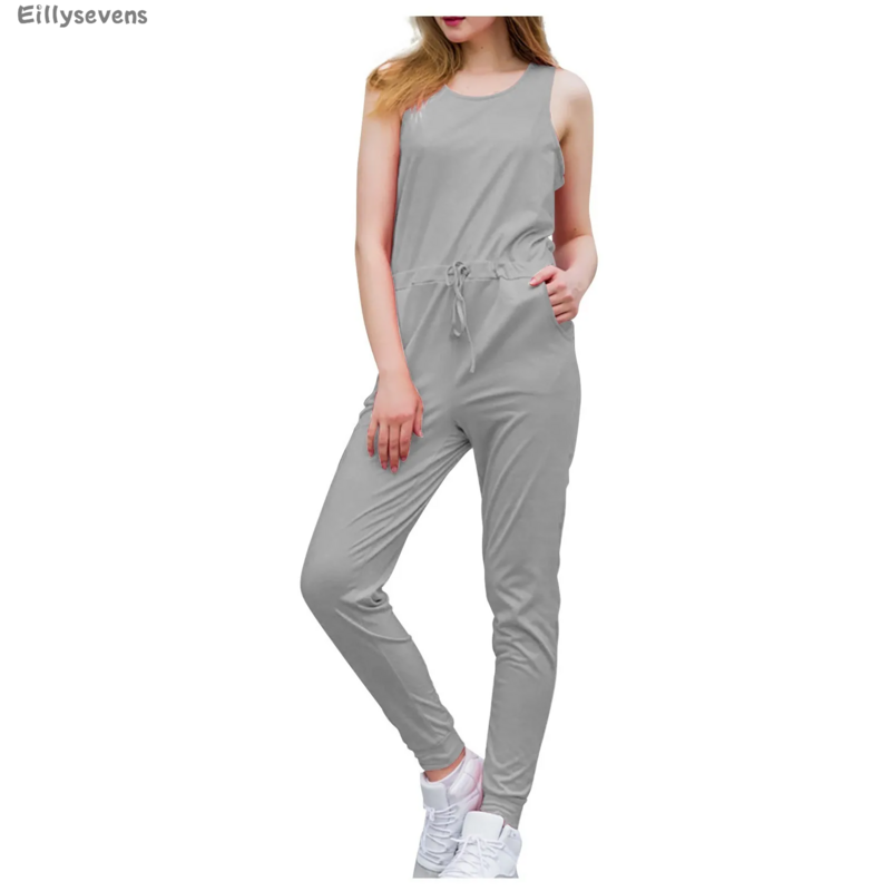 Women's Slim sexy jumpsuits Daily Versatile Jumpsuit thin Solid Color Loose Sleeveless Drawstring Overalls ropa mujer juvenil