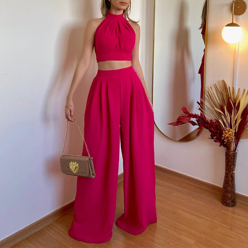 Women Pant Sets Two Pieces Sleeveless Strapless Pullover Tops Solid Full Length Wide Leg Pants Basics Pockets High Waist