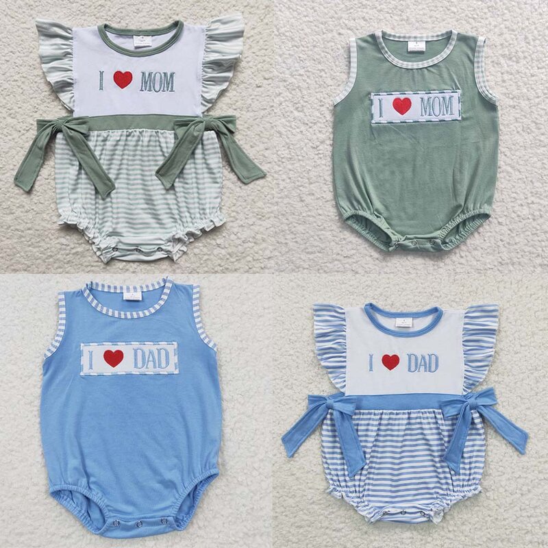 Wholesale Newborn Bubble Romper Embroidery I Love Dad Mom Jumpsuit Toddler Kid Children Summer Matching Boy Girl One-piece