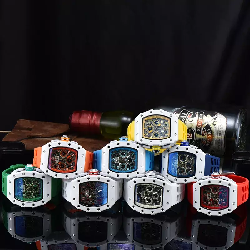 Jam tangan multifungsi pria, arloji olahraga otomatis 6 jarum lari detik, merek mewah terbaik, jam Quartz angin keramik putih modis 2024