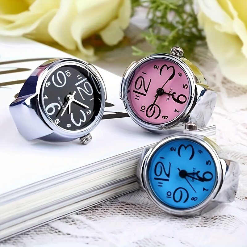 Jam tangan jari kreatif, arloji kuarsa cincin bulat penunjuk waktu dunia warna-warni