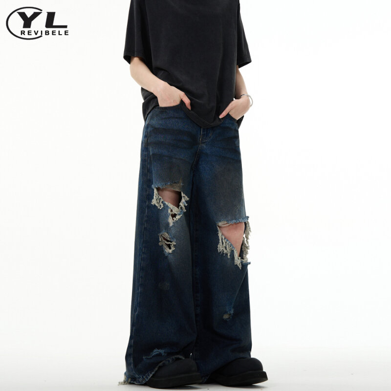 Jeans Vintage con foro invecchiato da uomo Harajuku High Street pantaloni larghi a gamba larga Jeans primavera Hip Hop pantaloni Casual dritti in Denim