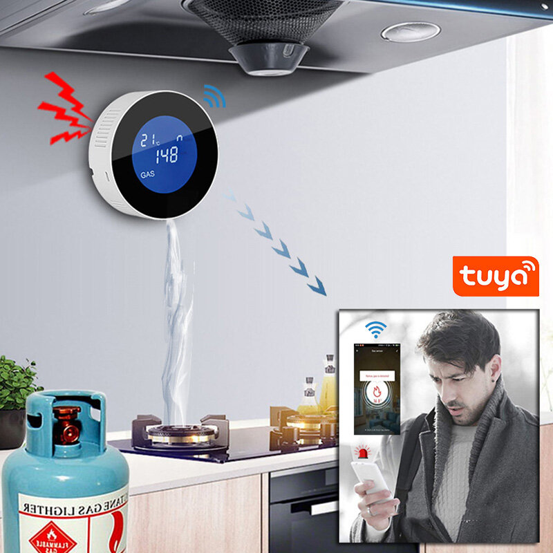Fungsi aplikasi WiFi Tuya Alarm kebocoran Gas alami dapur Sensor temperatur tampilan Digital LCD sirene suara detektor mudah terbakar