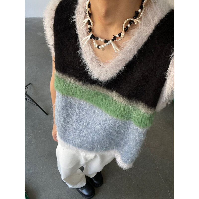 여성용 컬러 블록 빈티지 V넥 스웨터 조끼, 2023 가을 겨울 한국 패션, 니치 디자인, 스플라이스 루즈 탑, 신제품