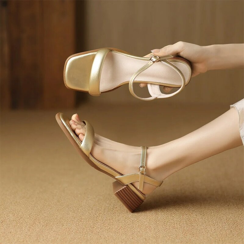 RIZABINA Plus Size 36-43 Elegant Women Flat Sandals Suqare Toe Thick Heel Summer Daily Shoes Ladies Buckle Strap Slingback Shoes