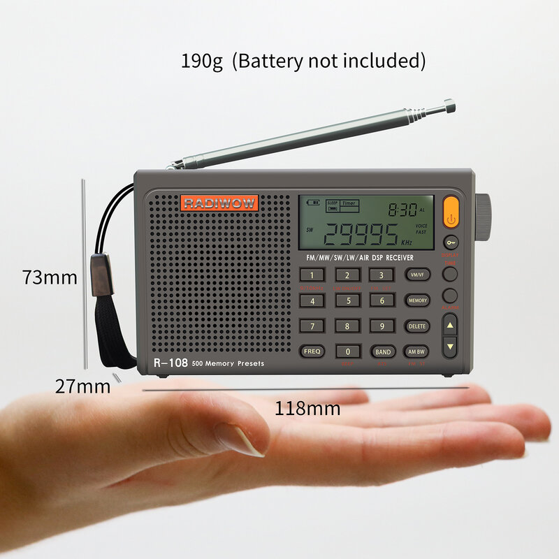 New R-108 Radio FM Stereo Digital Portable Radio AM SW Air Radio Receiver Alarm Function Display Clock Temperature Speaker