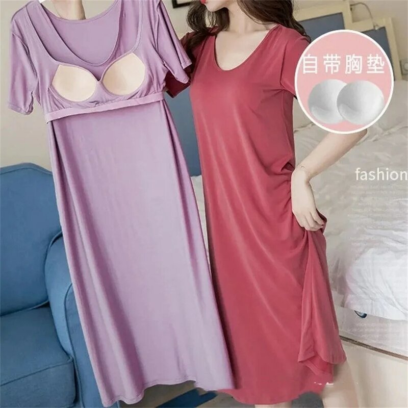 Pajamas With Chest Pads Women Summer Short Sleeves Thin Solid Color Night Dress Long Over-The-Knee Can Be Worn Over The Loungewe