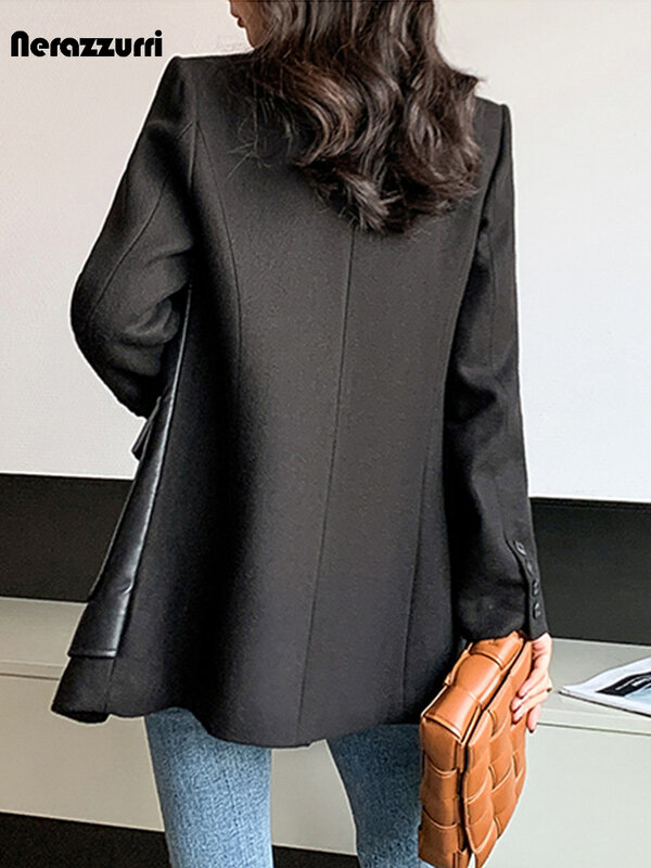 Nerazzurri giacca in pelle Patchwork misto lana nera autunno donna con molte tasche manica lunga moda coreana Streetwear 2022