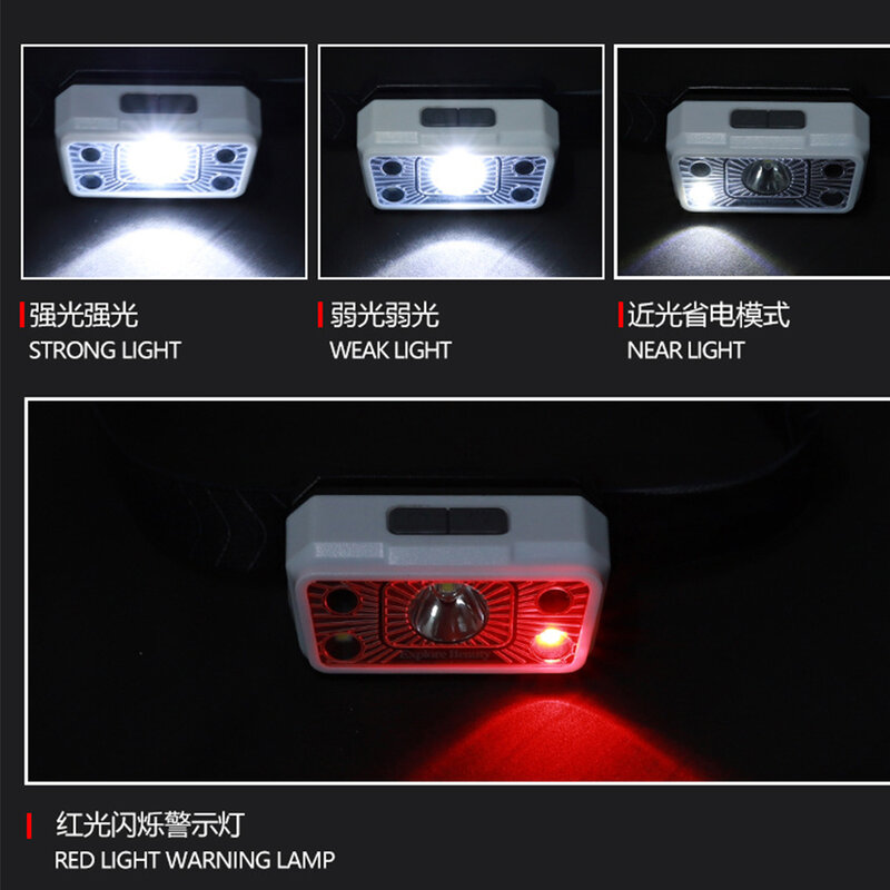 Portable Sensor LED Headlamp USB Charging Induction Headlight Built-in 18650 Head Flashlight Red Warning Outdoor Hunting Lights