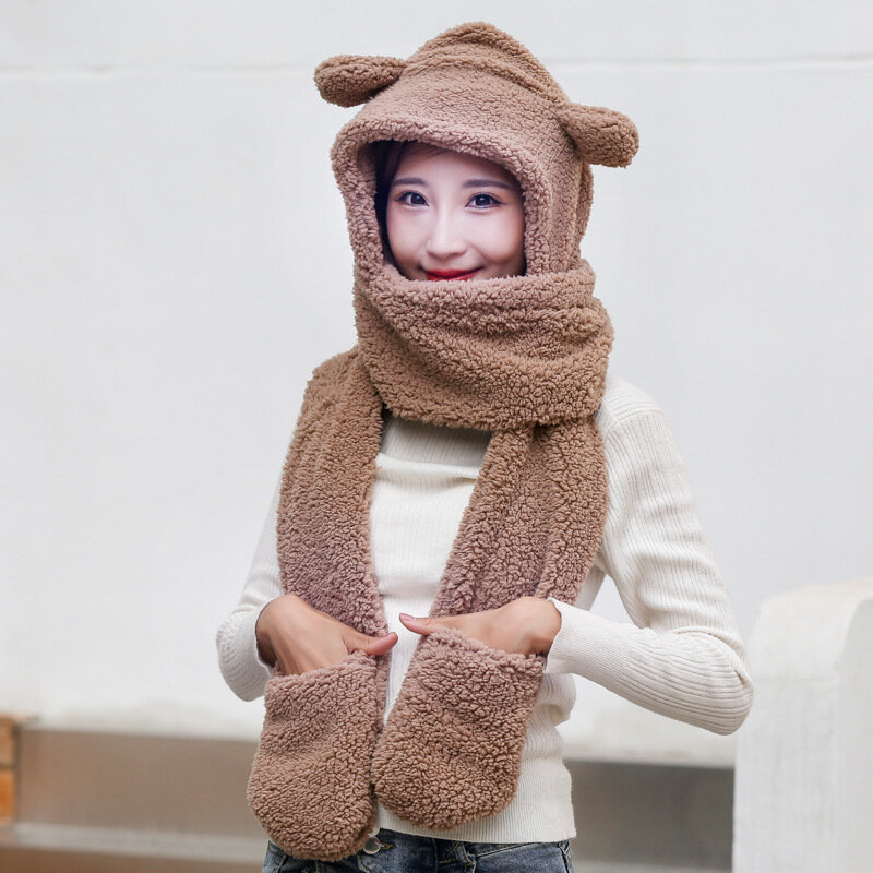 Winter Bear Ear Protection Hat Scarf Gloves All-in-one Female Autumn And Winter Cute Hooded Plush Warm Korean Tide