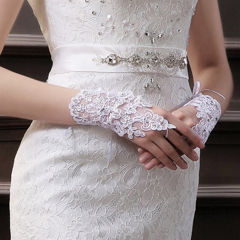 Женские короткие кружевные перчатки без пальцев для свадьбы, длина до запястья, свадебные варежки для выпускного вечера, оперы,