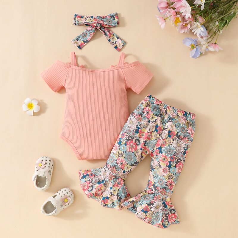 Roupa de verão para bebês, fora do ombro, macacão de mangas curtas, calças florais queimadas, roupas de bandana, 2024-04-16