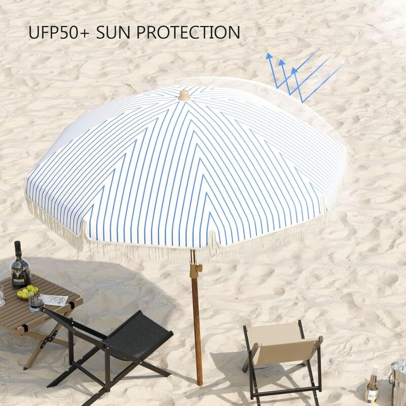 Aoxun 7ft Patio Umbrella with Fringe Outdoor UV 50+ Protection Picnic Umbrella W/ Steel Pole,Ribs Push Button Tilt and Carry Bag