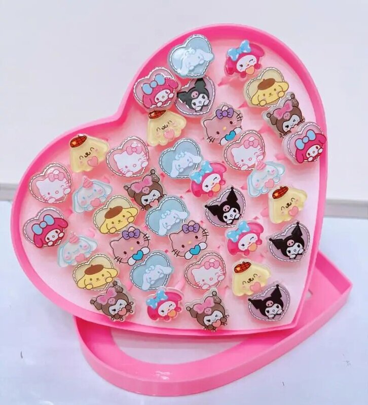Sanrio Hello Kitty Anel Ajustável Set para Crianças, Baby Cartoon Anéis, Girls 'Gift, Caixa de Coração, Kuromi, Crianças, 36Pcs