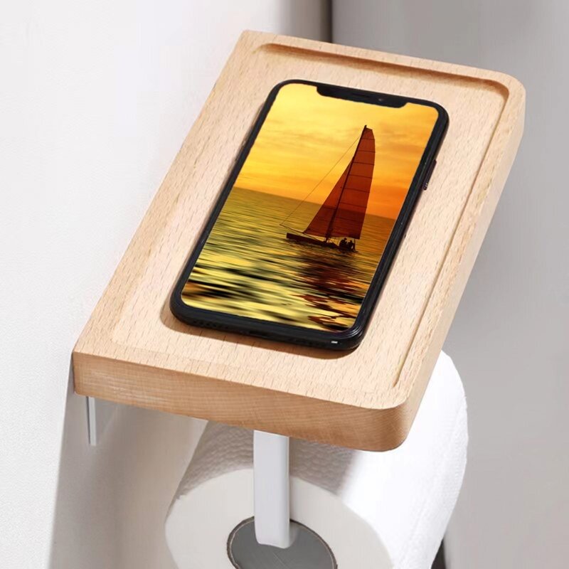 Toilet Paper Roll Holder with Wood Tray Wall Mount Bathroom Shelve Easy Install