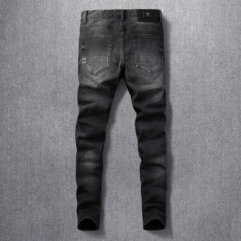 High Street Fashion Men Jeans Retro Black Gray Stretch Slim Fit Ripped Jeans Men Embroidery Patched Designer Hip Hop Denim Pants