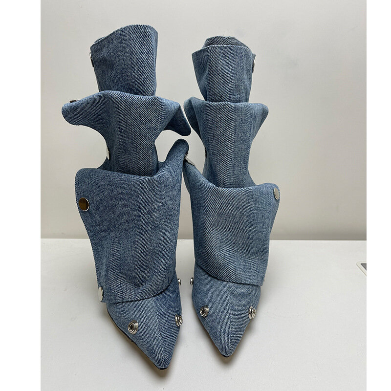 Botas jeans femininas emendadas, botões de metal enrugado, desfile de moda, bota de meio de bezerro dobrável, 34-43, modelo de salão automático, 2024