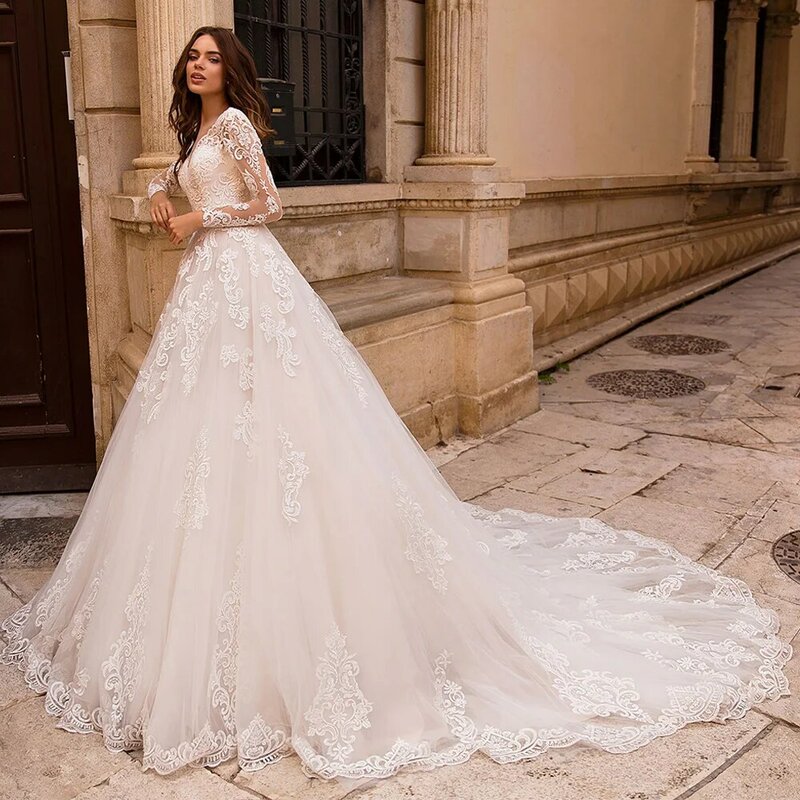 Gaun pengantin renda indah gaun pengantin wanita lengan panjang leher V Applique menyapu kereta Vestido De Noiva gaun pengantin untuk pengantin berenda