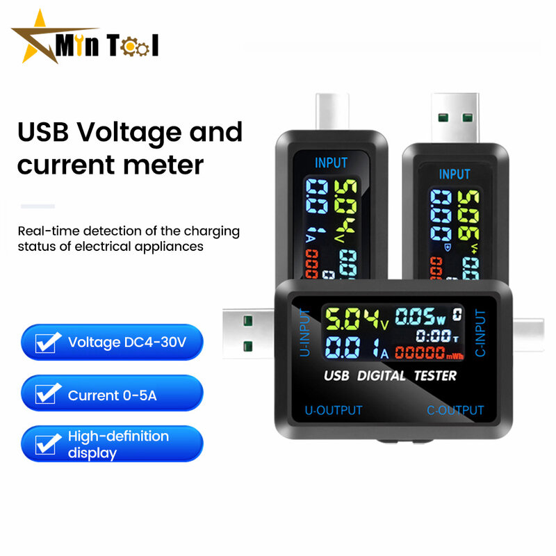 Voltímetro digital e amperímetro com USB, medidor de tensão atual, detector do banco de potência, indicador do carregador, DC, 10 em 1