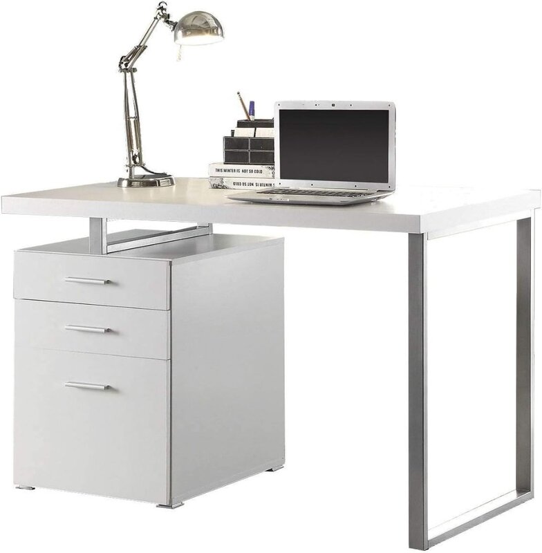 COASTER Furniture Brennan Nowoczesne 3-szufladowe biuro domowe Biurko komputerowe Srebrna metalowa rama Biały Srebrny800325