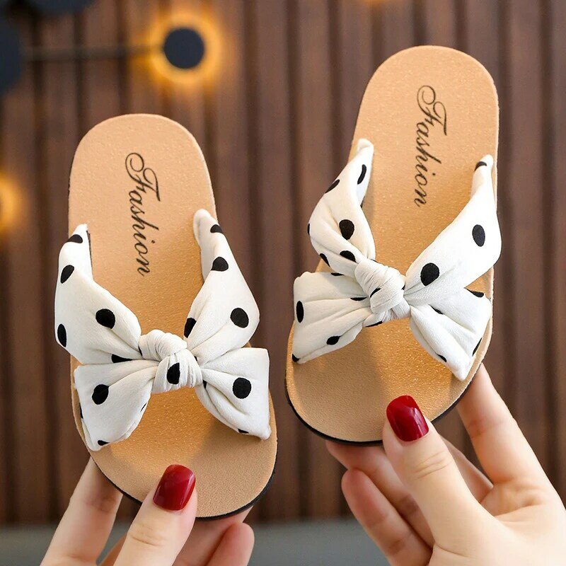 Zapatillas con estampado de lunares para niños y niñas, sandalias antideslizantes de suela suave, estilo bohemio de princesa, zapatos de playa para verano