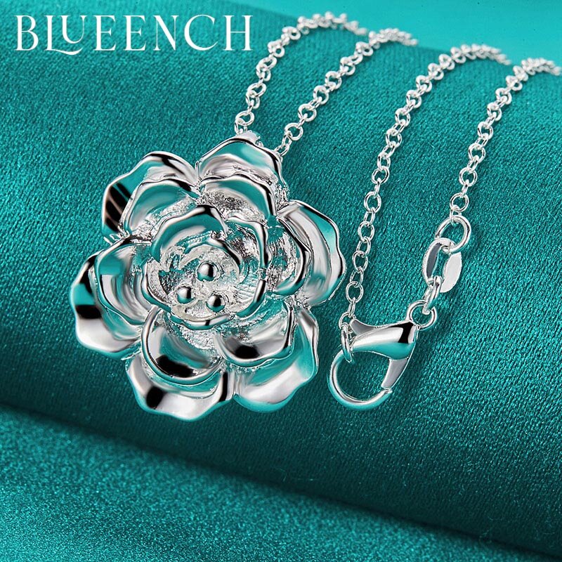 Blueench 925 prata esterlina flor estéreo pingente colar para senhoras festa de casamento moda glamour jóias