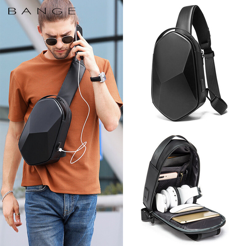 Tas bahu pria desain baru 2024 dengan pengisi daya USB tas selempang tahan air tas tangan Travel kasual tas dada casing keras pria