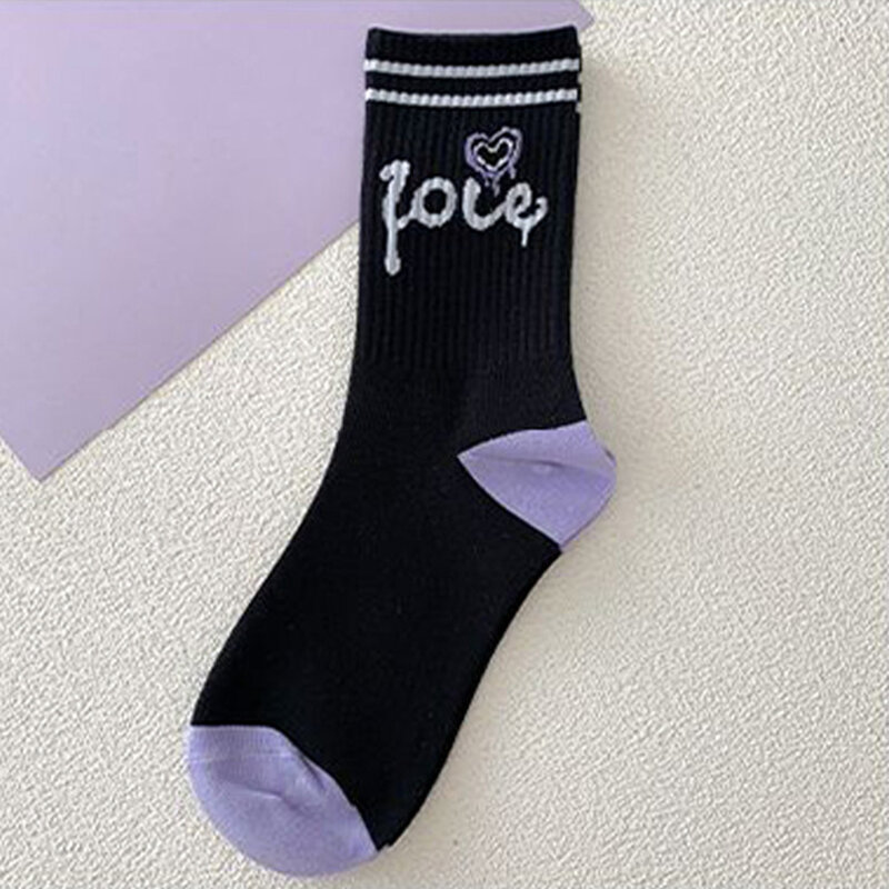 Purple Lovely Socks For Girls Women'S Warm Cotton Socks Medium Tube Autumn Winter Versatile Long Tube Cartoon Sports Stockings