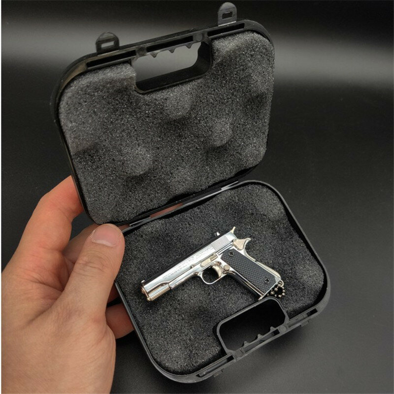 Miniatura liga pistola mala, modelo arma chaveiro, caixa plástica, 1:3