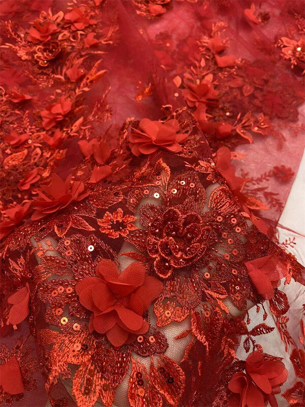 Африканская кружевная ткань с блестками, французская Тюлевая сетка, нигерийское свадебное платье, красный, высокого качества, 5 ярдов, 2024