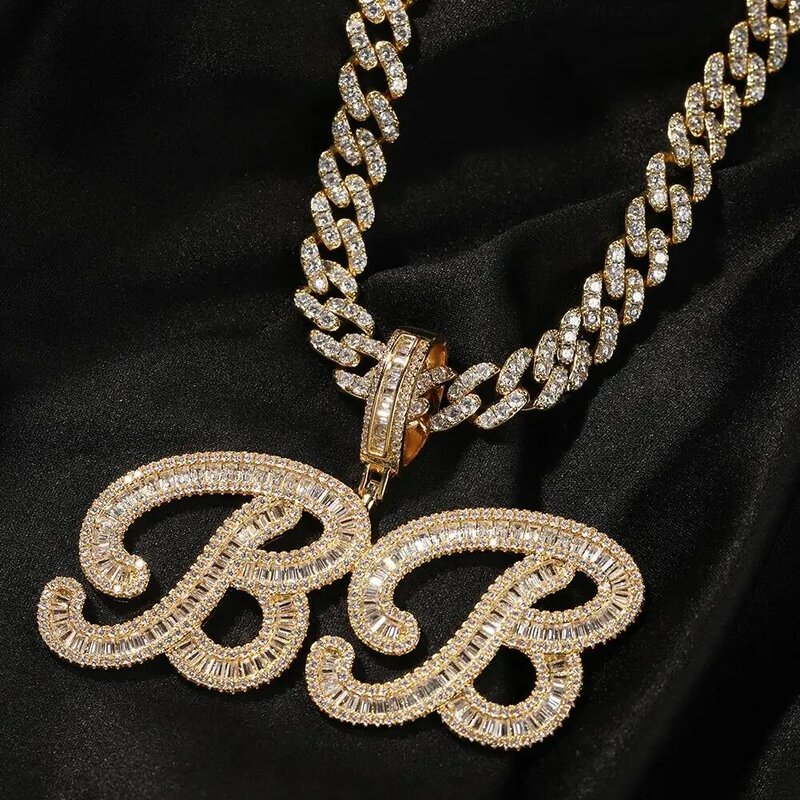 UWIN – collier Baguette en Zircon carré personnalisé, pendentif avec nom glacé, pinceau, lettre, chaîne de rappeur, bijoux personnalisés Hip Hop, cadeaux
