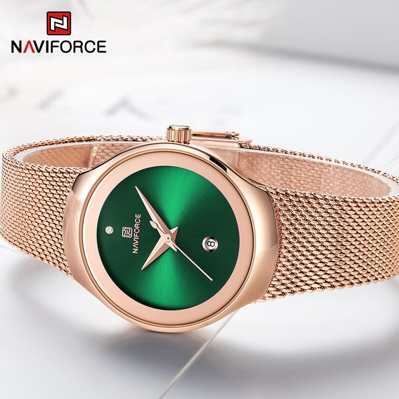 NAVIFORCE-Reloj de pulsera de cuarzo para Mujer, cronógrafo con fecha, correa de acero de malla impermeable, de lujo, a la moda
