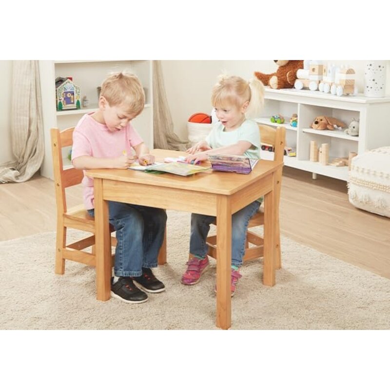 Solid Wood Table and 2 Chairs Set - Light Finish Furniture for Playroom,Blonde