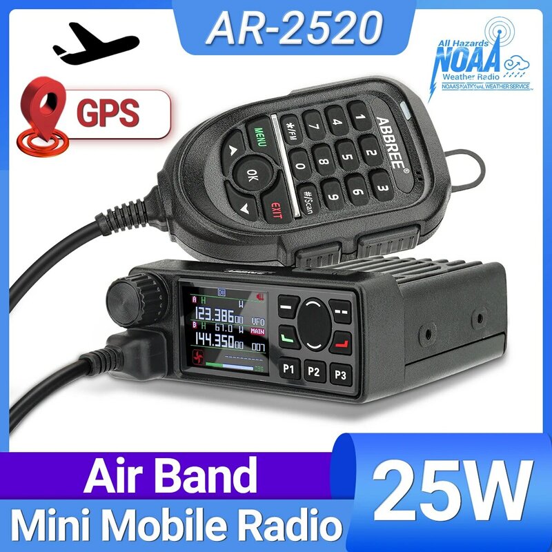 ABBREE AR-2520 25W Mobie Radio Air Band 108-520MHz Full Band 999 Channels Amateur GPS Radio Car Radio Station with Mic