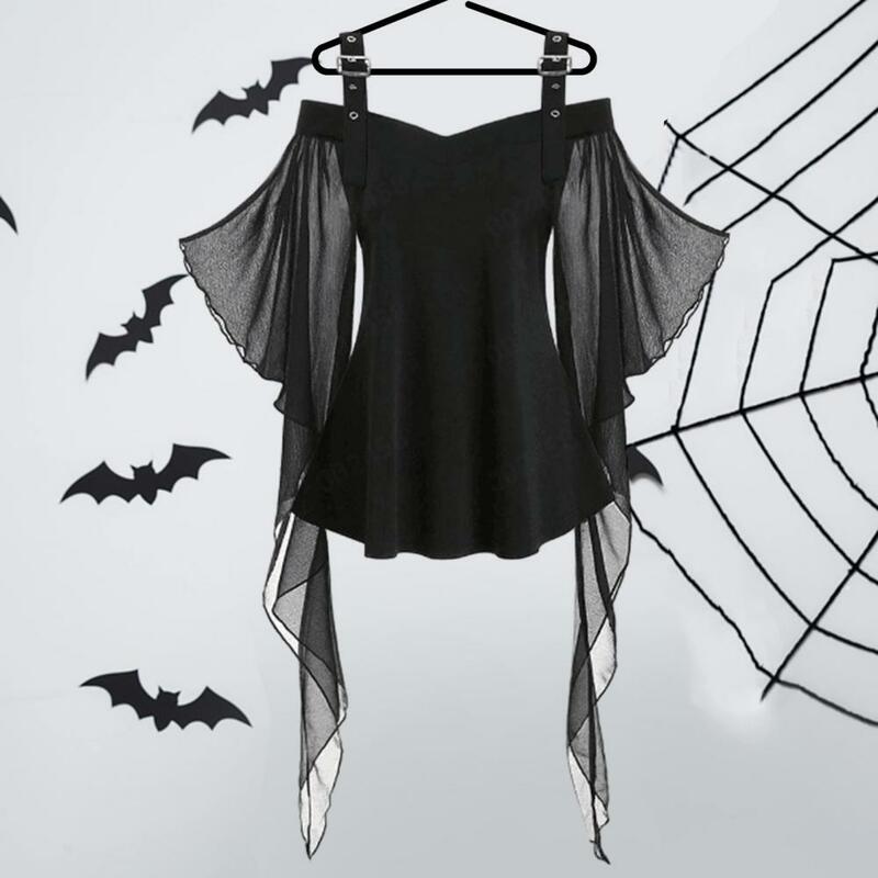 Top feminino slim fit de Halloween, manga de morcego, borla de renda, alça ajustável, linha A slim fit, elegante