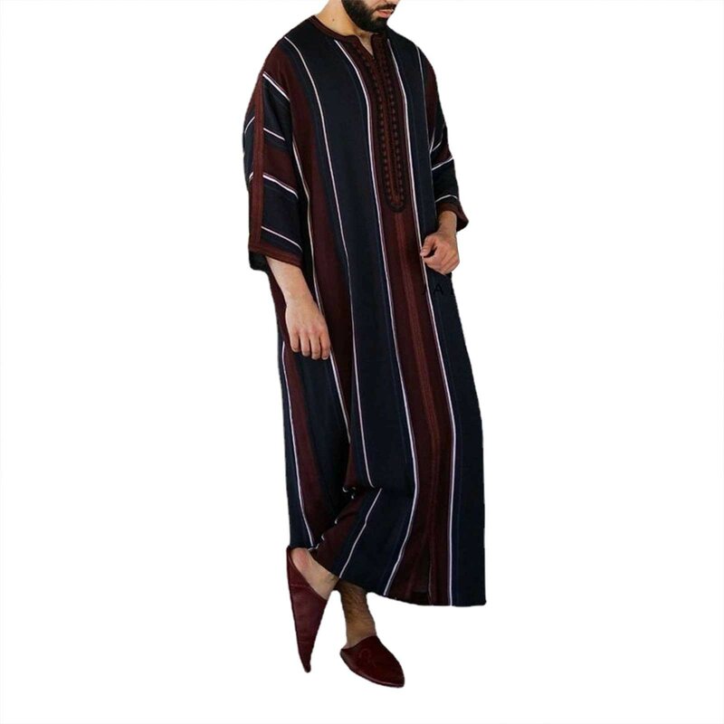 New Abaya Men Islam Pakistan Muslim Robe Saudi Arabia Djellaba Man Arabic Kaftan Black Linen Striped Cotton Three Quarter Sleeve
