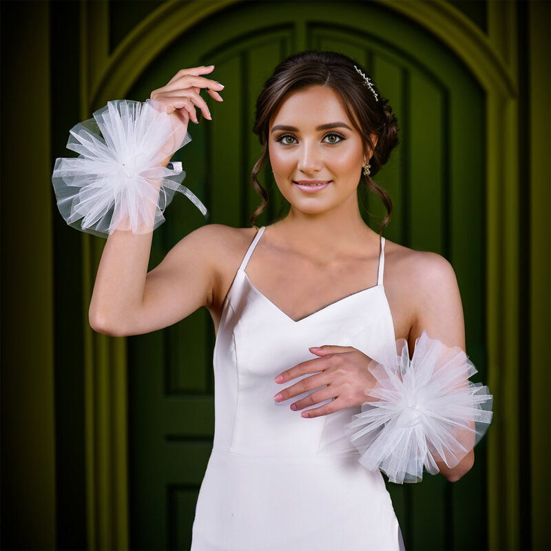MZC11 accessori da sposa guanti da polso da sposa in corpetto braccialetto fiore corto staccabile manica in Tulle copre le braccia per i vestiti