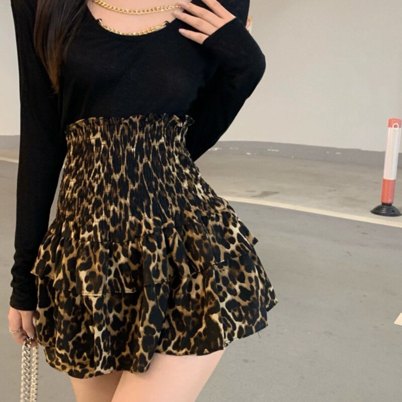 Deeptown Sexy Leopard Print Mini Skirt Ruffle Coquette Y2k Vintage High Waisted Skirts Pleated Female Streetwear Short Skirt