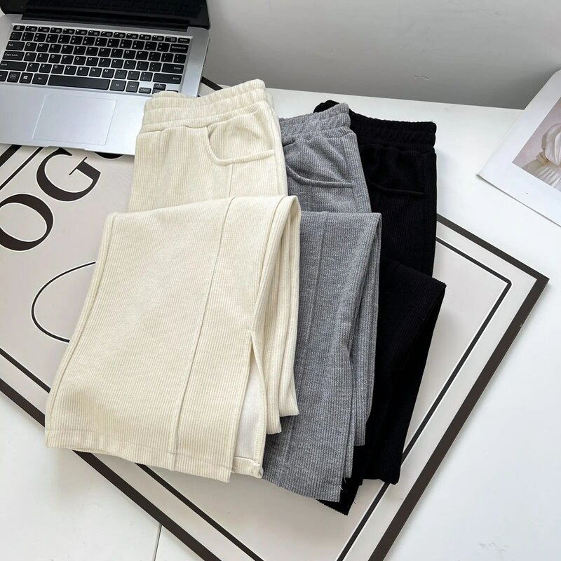 Stylowe spodnie z szerokimi nogawkami damskie z wysokim stanem Plus rozmiar jesień zima 2023 na co dzień elastyczny bawełniany proste spodnie