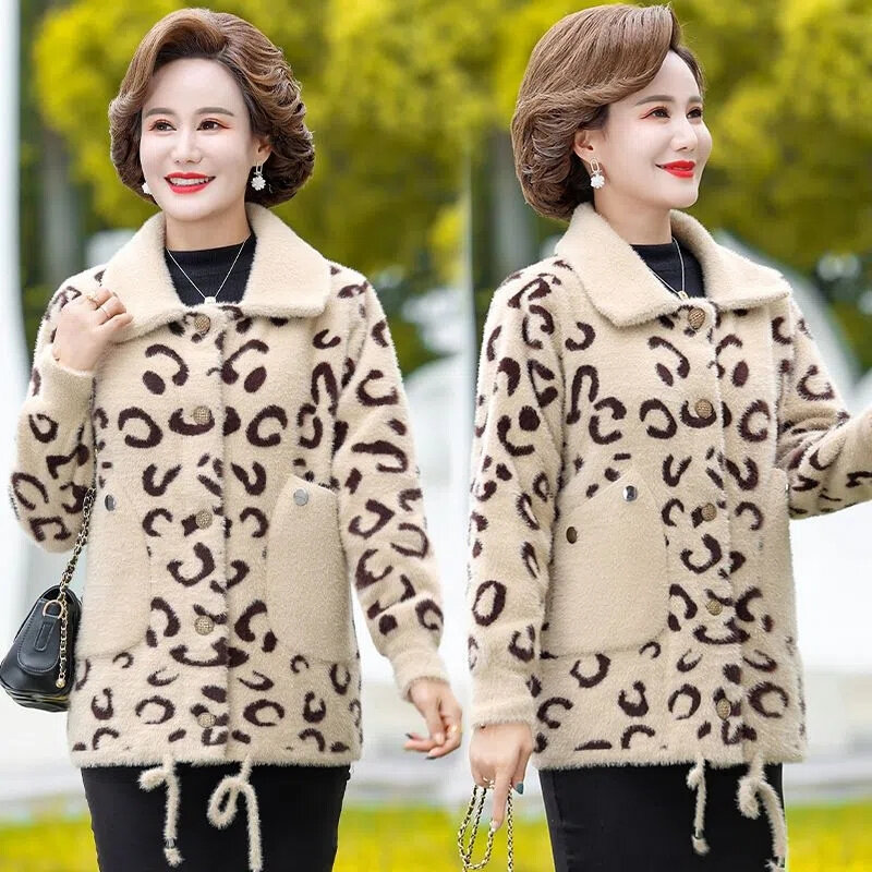 Mamma autunno e inverno cappotto di velluto di visone 2022 inverno nuova giacca di media lunghezza con stampa leopardata di moda donna di mezza età e anziana