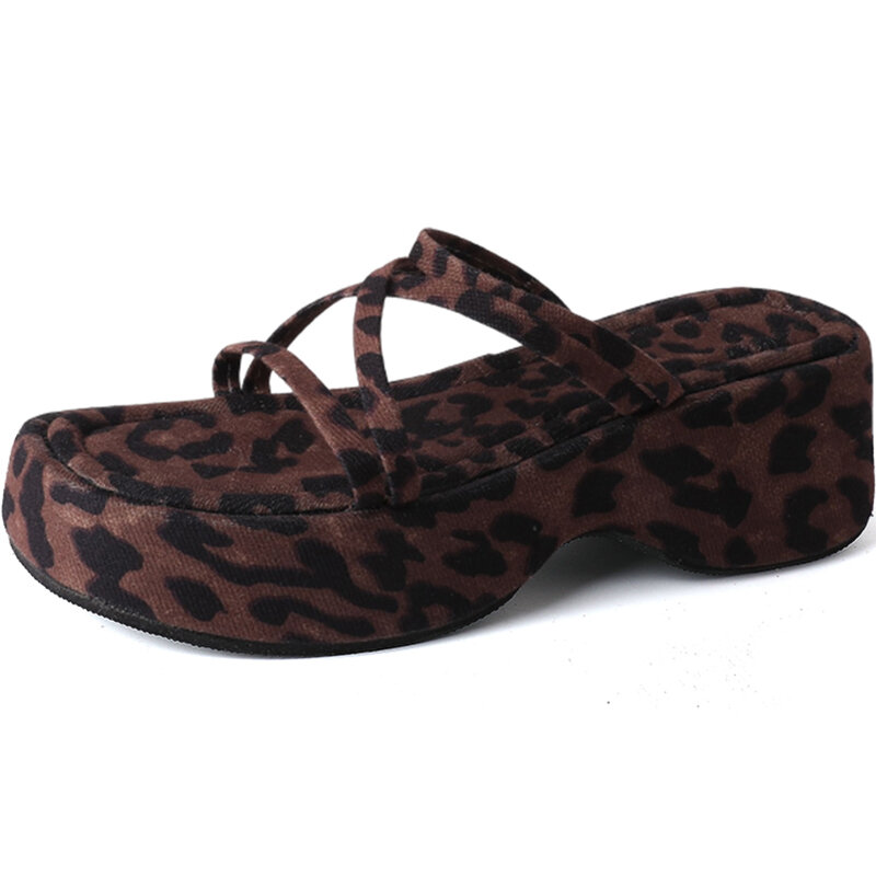 Sandal wanita musim panas Chunky, sandal wanita modis, pita sempit, sepatu Platform, selop datar, sepatu motif macan tutul kasual