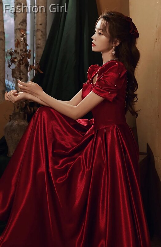 Klasyczna damska suknia wieczorowa długa czerwona przyjęcie zaręczynowe wina kwadratowy kołnierzyk satynowa w stylu Vintage formalna okazja فساتين السهرة